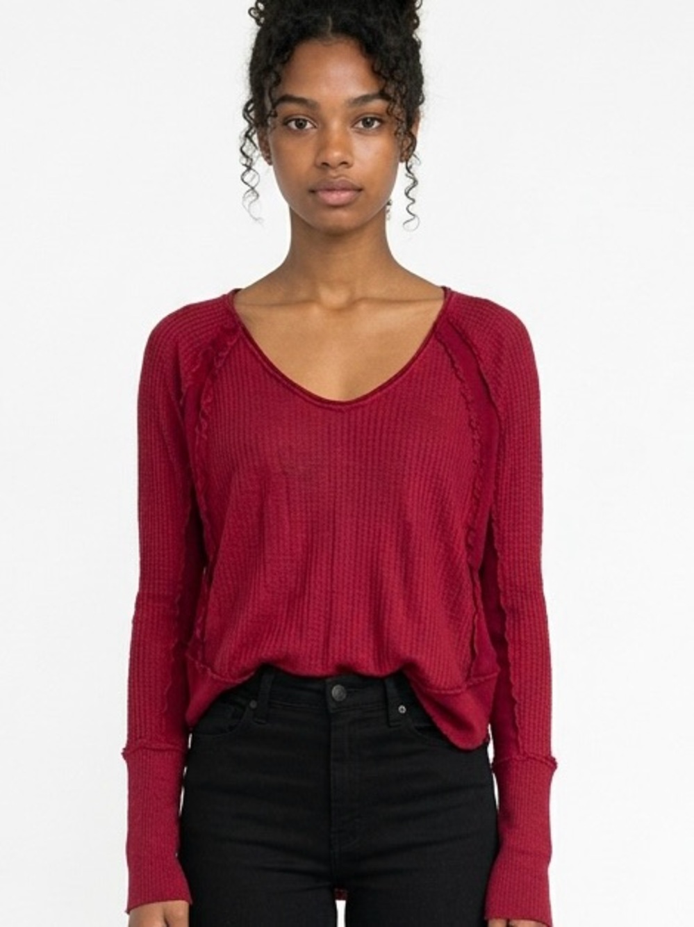 FREE PEOPLE | WE THE FREE Cranberry V-Neck Waffle Thermal Top Women’s Size Small